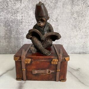 Dezine Vintage 1998 Monkey Reading on Suitcase Trinket Box Decor
